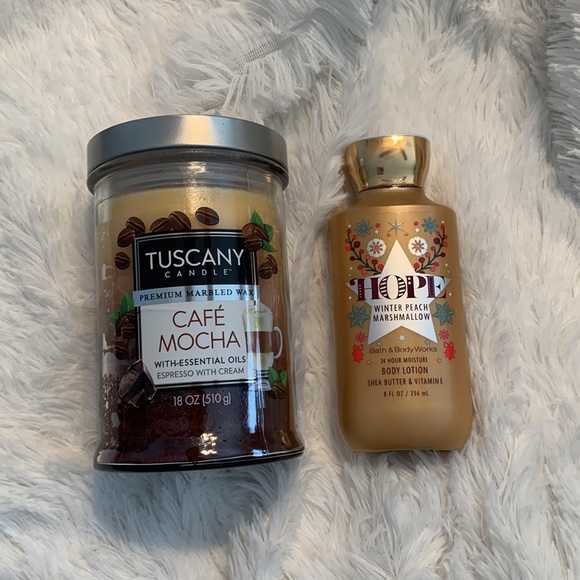 Bath & Body Works Other - Bath&Body Works winter peach marshmallow lotion + Tuscany cafe mocha candle.
